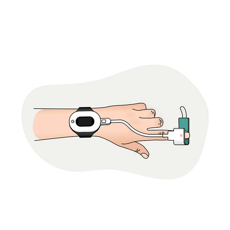 Wear the oximeter device to wrist and attach the sensor to your index finger